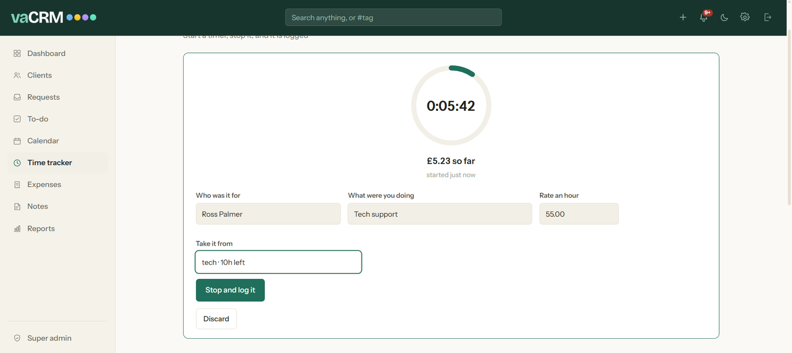 The time tracker with a running timer.